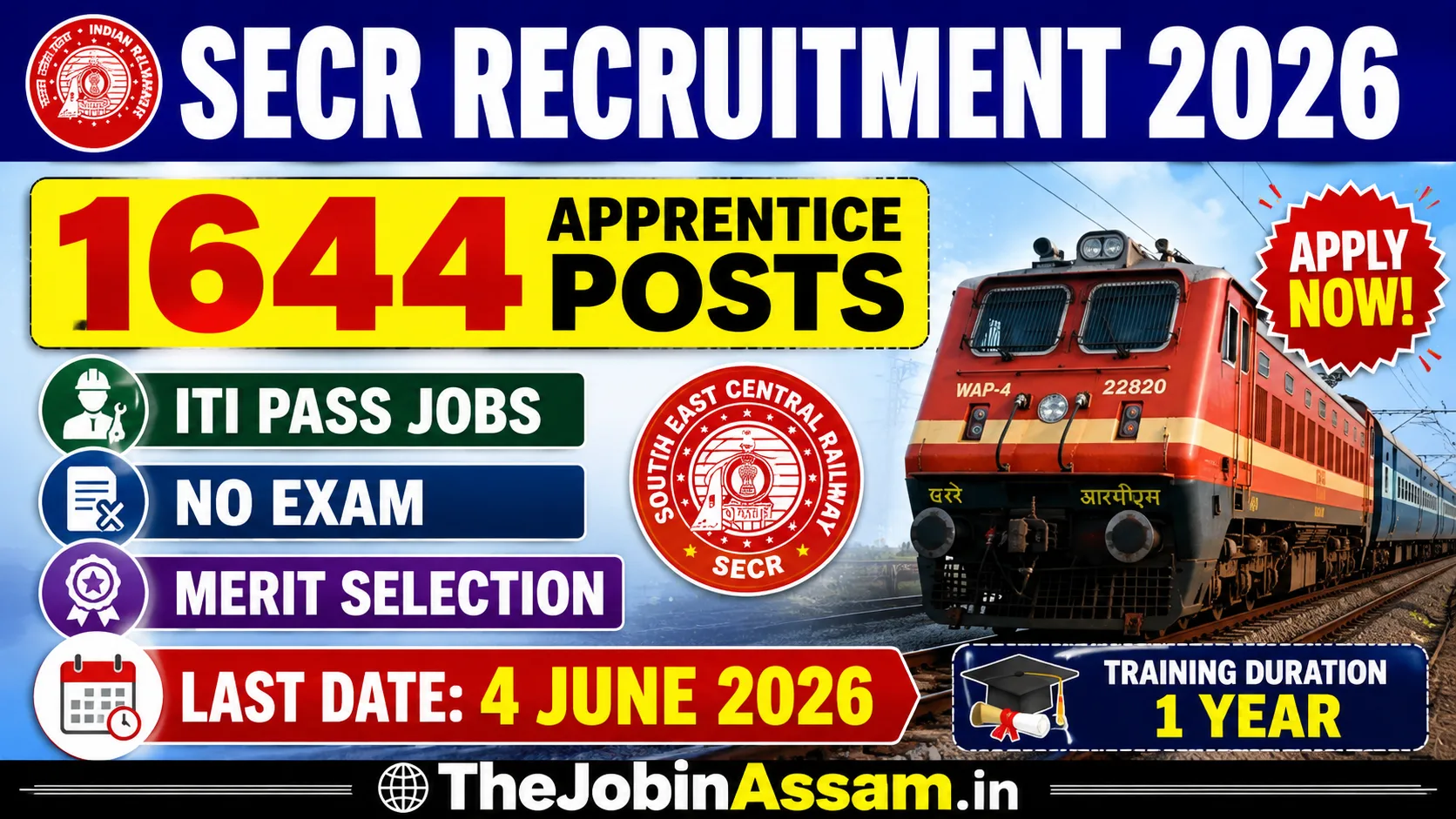 SECR Apprentice Recruitment 2026 – 1644 ITI Vacancies, Apply Online