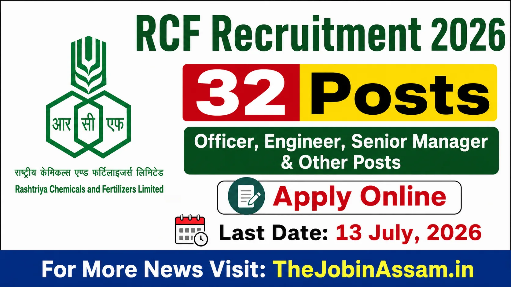RCF Recruitment 2026 – Apply Online for 32 Officer, Engineer, Senior Manager & Other Posts